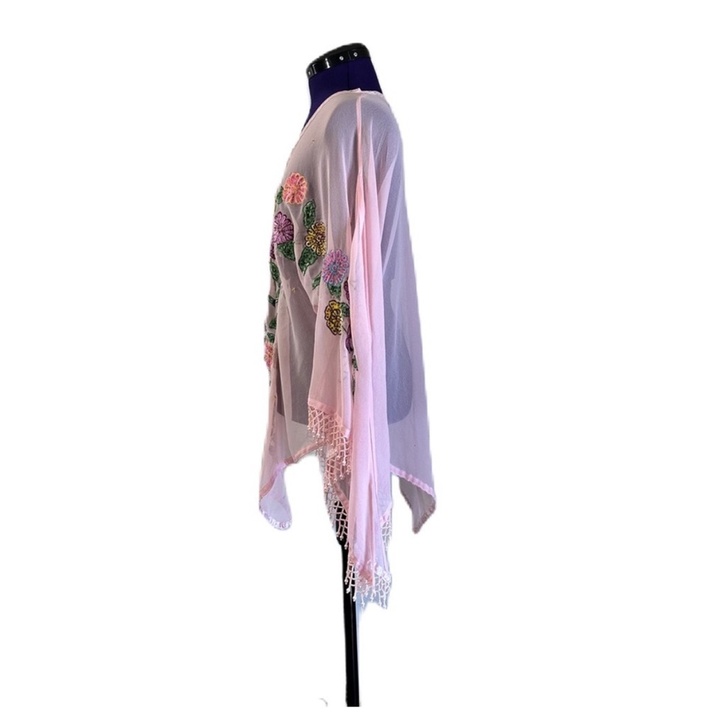 Roamans Pink Sheer Floral Beaded Long Sleeve Top - Picture 2 of 16